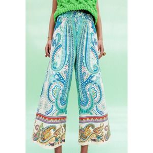 Zara Paisley Printed High Rise Wide Leg Cotton Cropped Trouser Pant -S